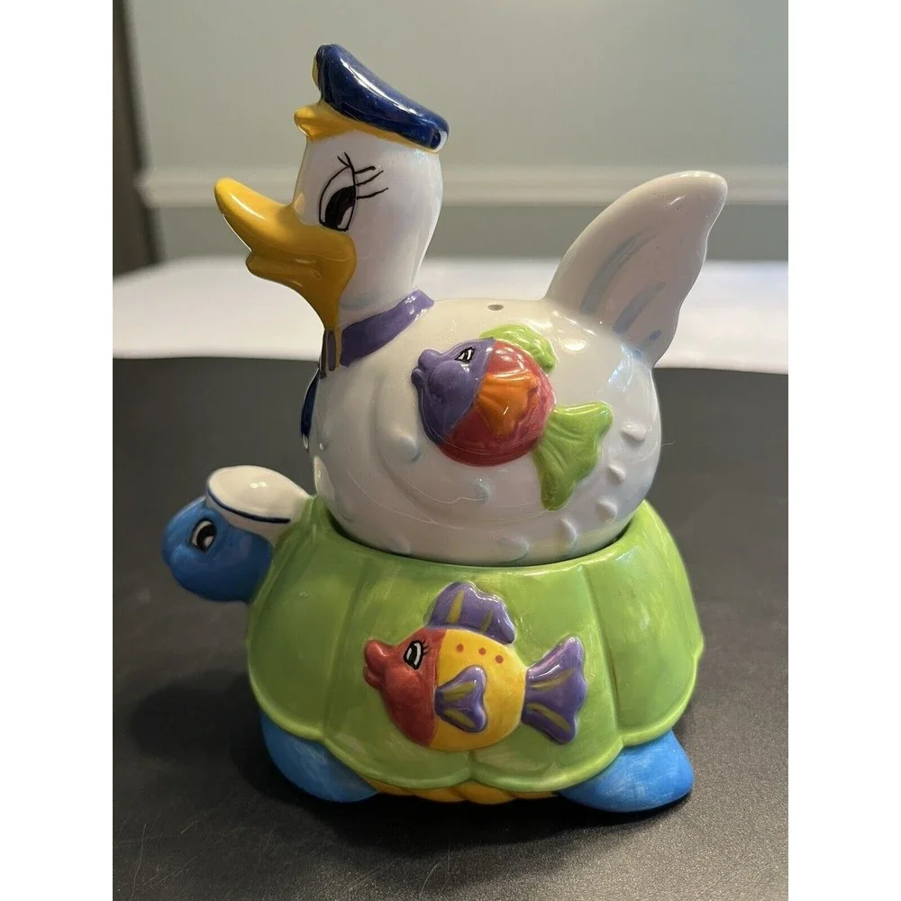 Whimsical Ceramic Duck Riding On Turtle’s Back Salt & Pepper Shakers